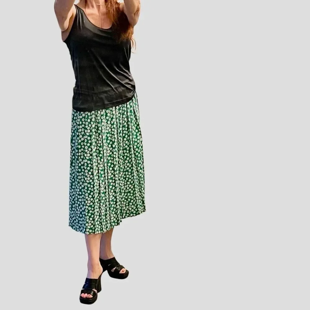 Vtg 90s Andrea Gayle Green Pleated Black White Floral Maxi Skirt 14.5” 12 M L